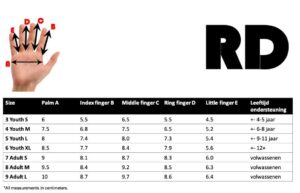 maattabel RD handschoenen kinderen volwassenen fietsen